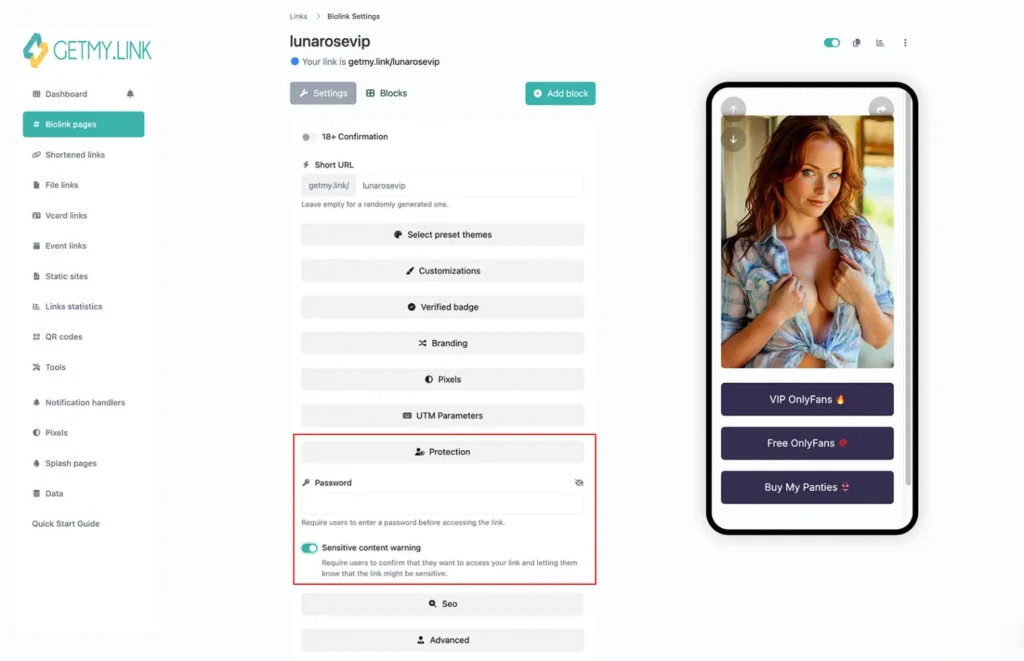 Screenshot of Biolink settings with options to enable 18+ confirmation, password protection, and a sensitive content warning toggle.