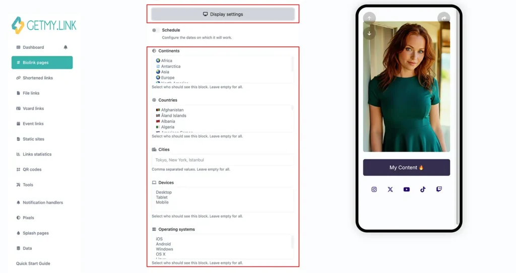GetMy.Link smart link settings panel with targeting options by continent, country, city, device (desktop, mobile, tablet), and operating system.
