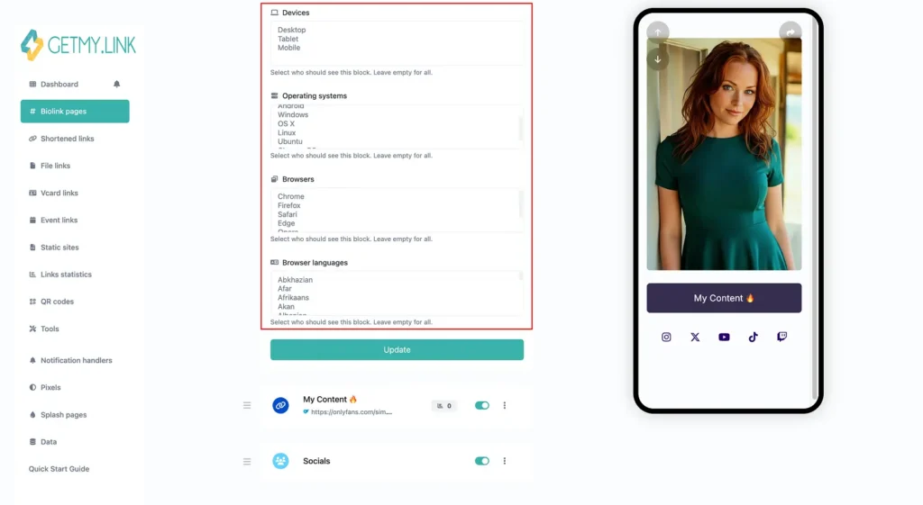 Screenshot of GetMy.Link interface with targeting options by browser (Chrome, Firefox, Safari) and browser language, alongside preview of a Biolink page.