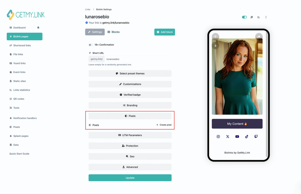 Screenshot of a Biolink page settings panel in GetMy.Link, showing the Pixels section where users can attach or create tracking pixels.