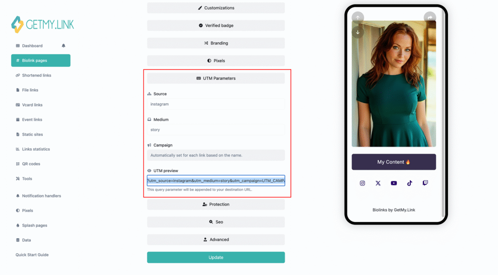 Screenshot of the UTM Parameters section in GetMy.Link, showing fields for source, medium, and campaign used to generate tracking tags.