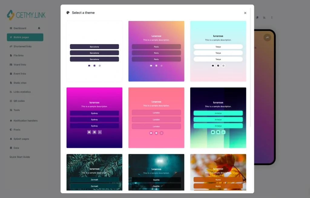 A grid of preset GetMy.Link themes in different colors and styles.
