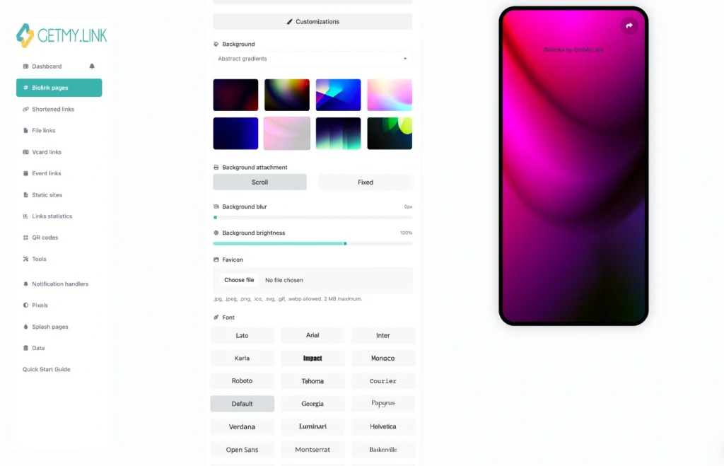 The GetMy.Link customization panel showing background options, blur, brightness, favicon upload, and font selection.