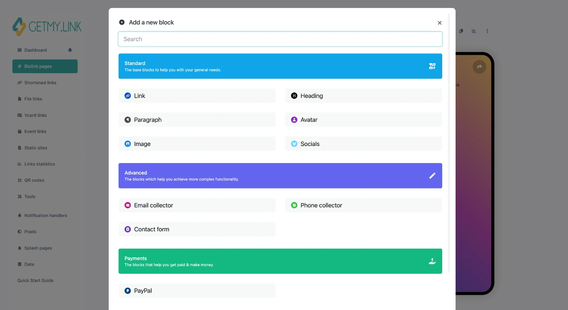 GetMy.Link block menu showing standard blocks like links, headings, images, socials, and advanced options including email and phone collectors.