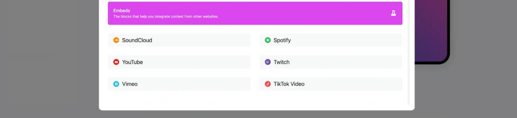 GetMy.Link embed options including YouTube, TikTok Video, Vimeo, SoundCloud, Spotify, and Twitch.