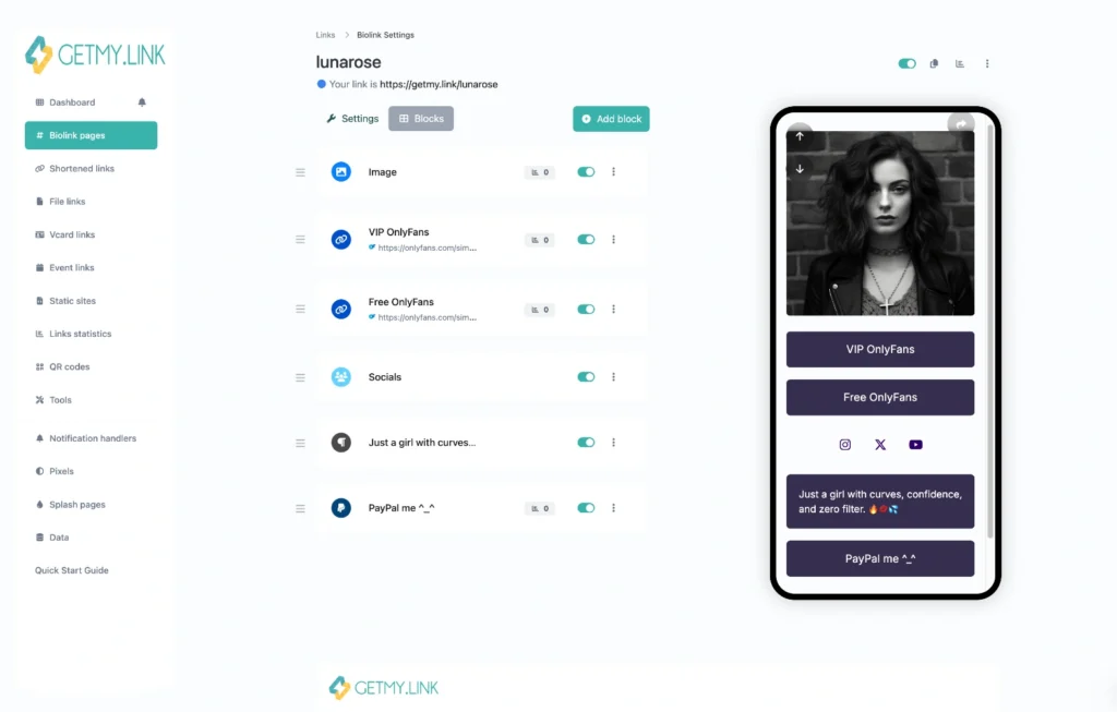 A GetMy.Link biolink page with image, links, socials, text, and payment blocks arranged alongside the mobile preview.