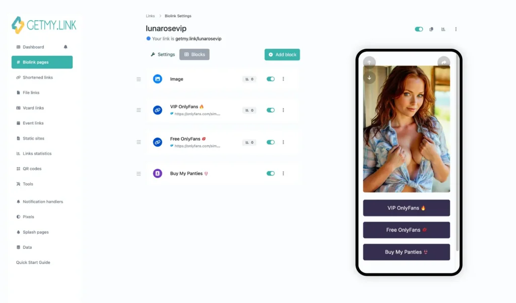 Screenshot of an NSFW Biolink page with bold button labels like “Uncensored Content” and “🔥 Full Access”, intended for adult audiences only.