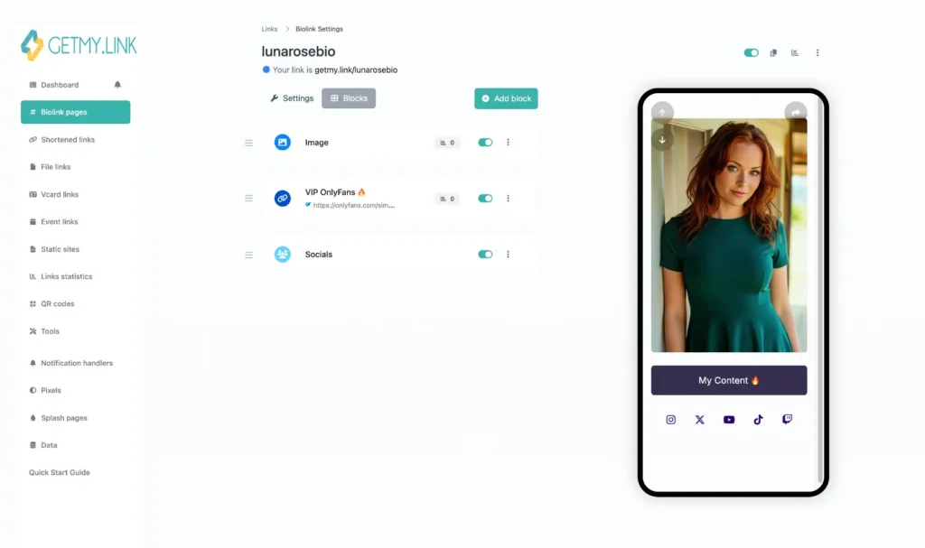 Screenshot of a safe-for-work Biolink page featuring a profile image, neutral buttons like “Subscribe” and “Socials”, and no explicit visuals or language.