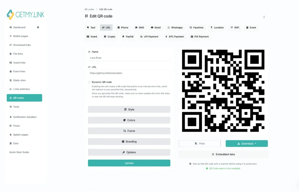 Screenshot showing a QR code that links to a creator’s Biolink page, with copy and download options visible in the GetMy.Link interface.