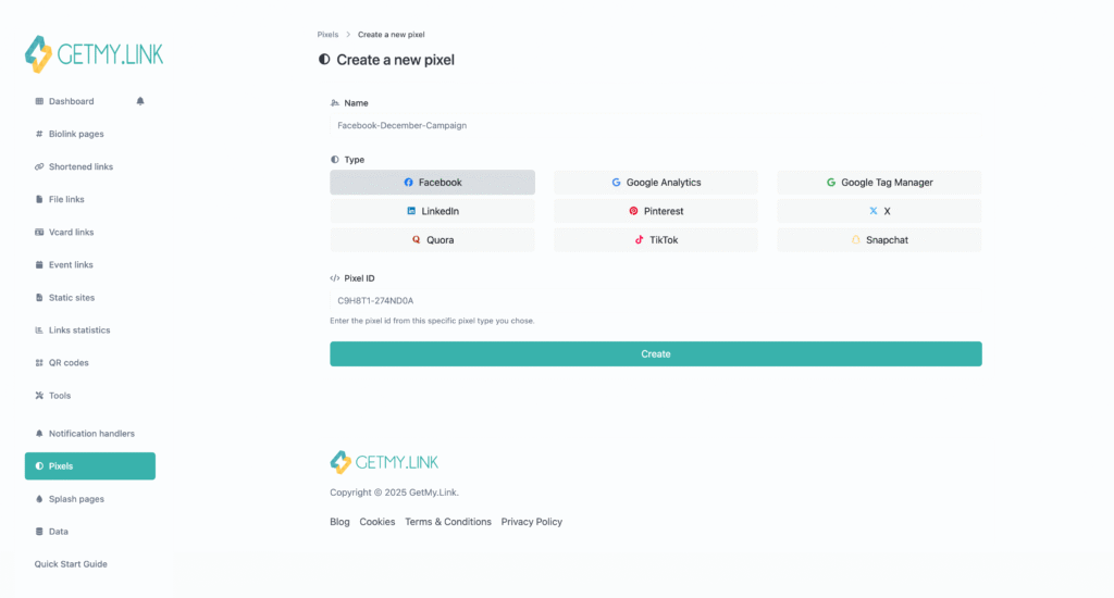 Screenshot of the “Create a new pixel” screen in GetMy.Link, showing options for Facebook, TikTok, Google, and others, along with fields to name the pixel and enter the Pixel ID.