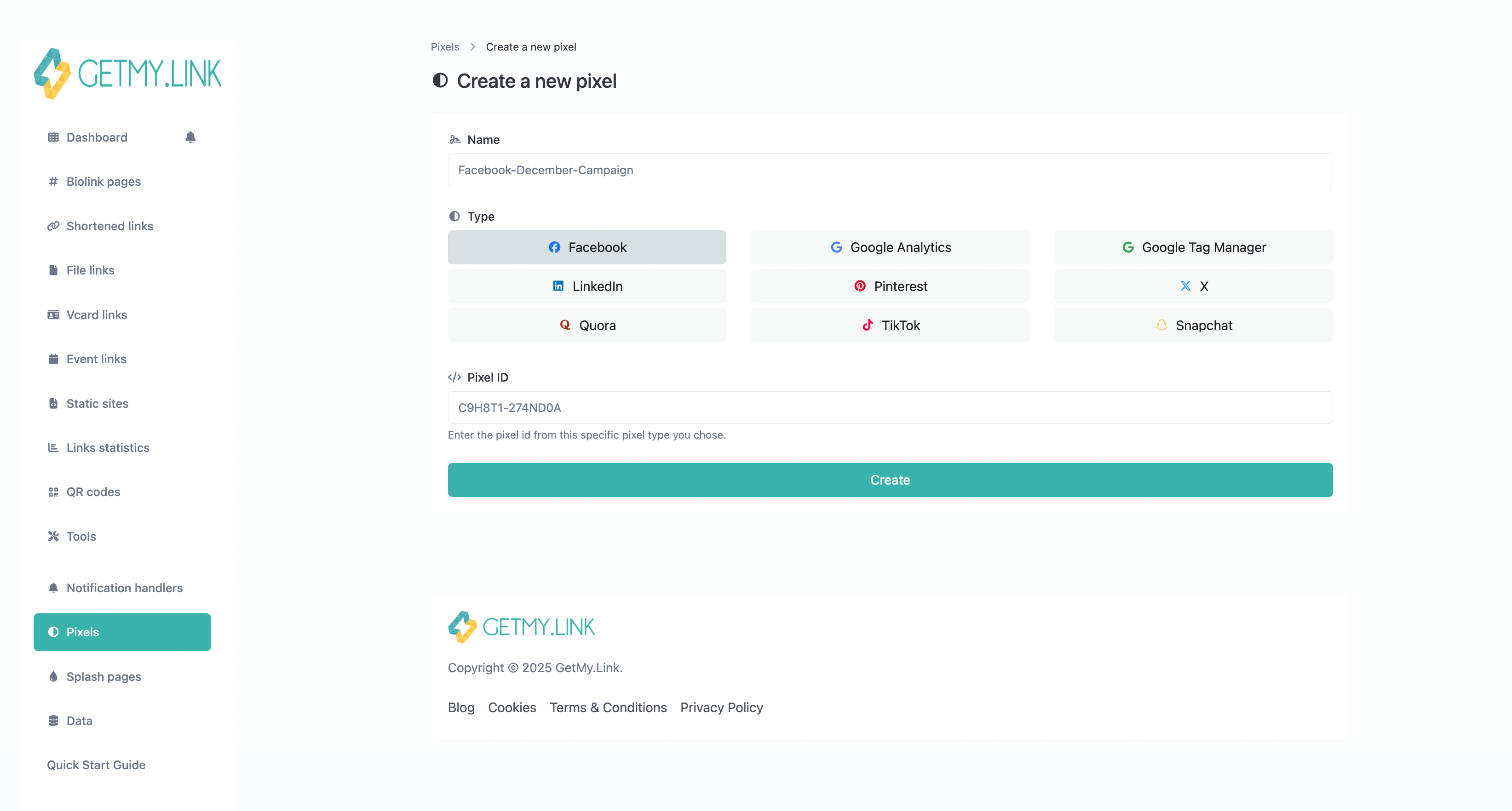 Screenshot of the “Create a new pixel” screen in GetMy.Link, showing options for Facebook, TikTok, Google, and others, along with fields to name the pixel and enter the Pixel ID.
