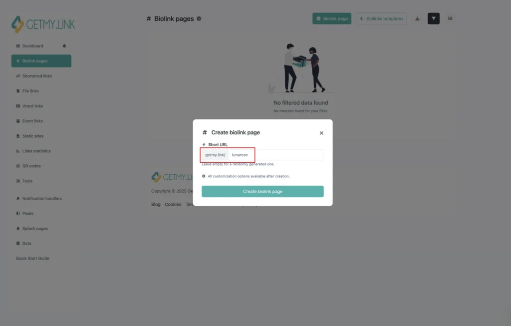 Editable short URL slug field in GetMy.Link settings showing custom link path like getmy.link/lunarose