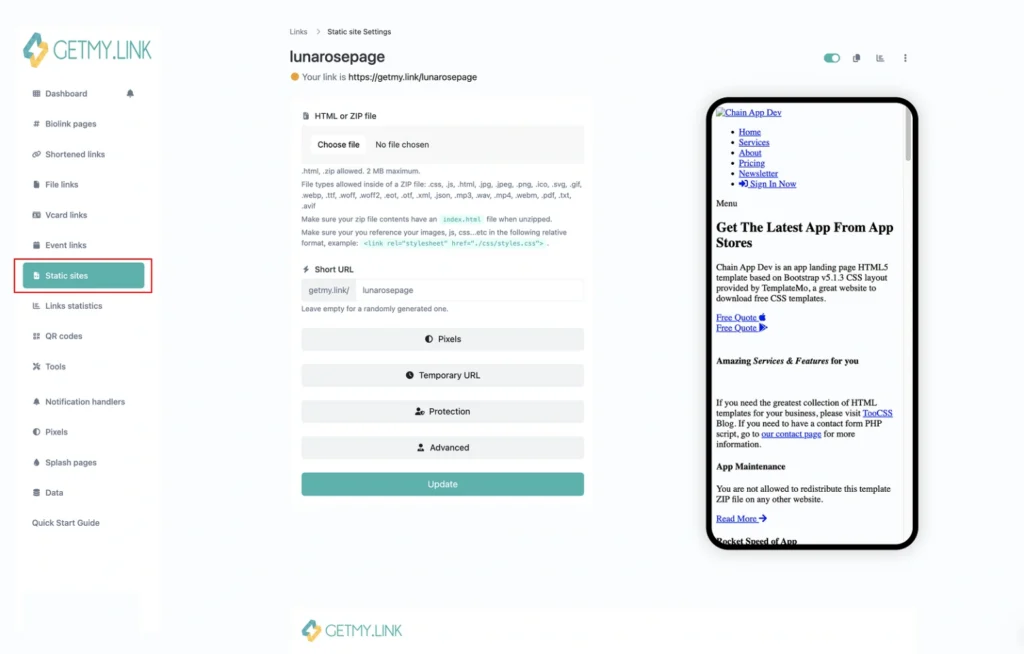Static Page editor in GetMy.Link showing custom page upload interface with text, images, and layout options