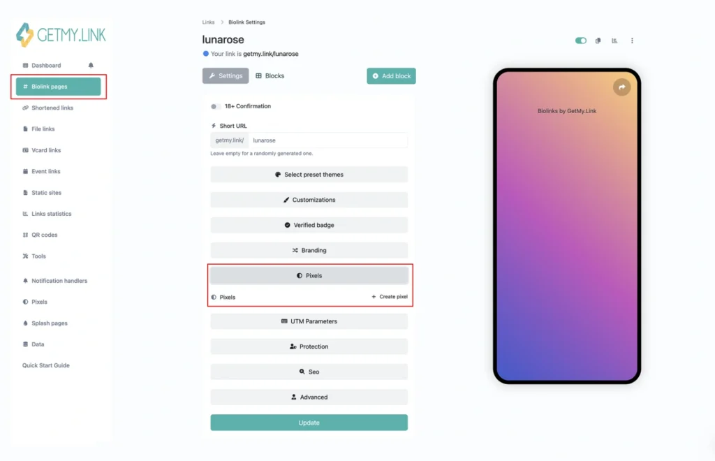 Analytics and tracking pixel settings in GetMy.Link where creators can paste custom code like Meta Pixel or Google Analytics
