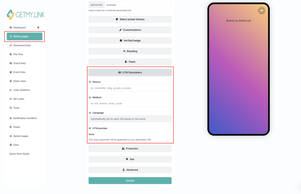 Example of a GetMy.Link bio link with UTM parameters added to track traffic sources in analytics