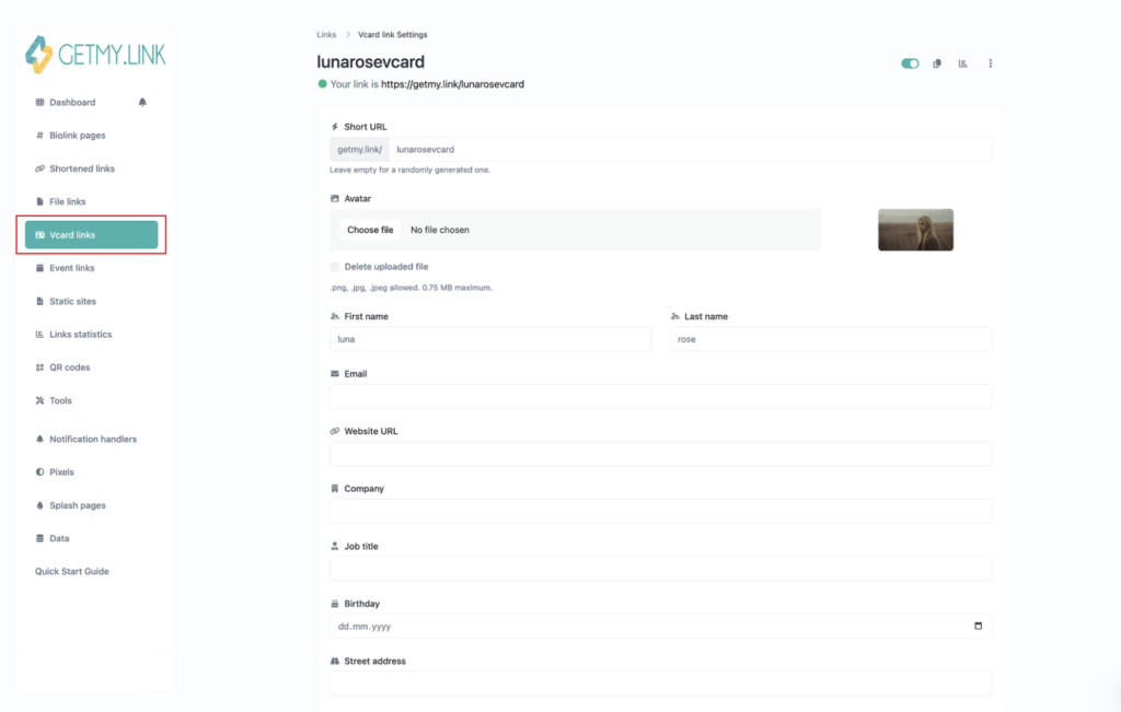 GetMy.Link interface showing the creation or editing of a vCard link with contact details like name, phone, and email