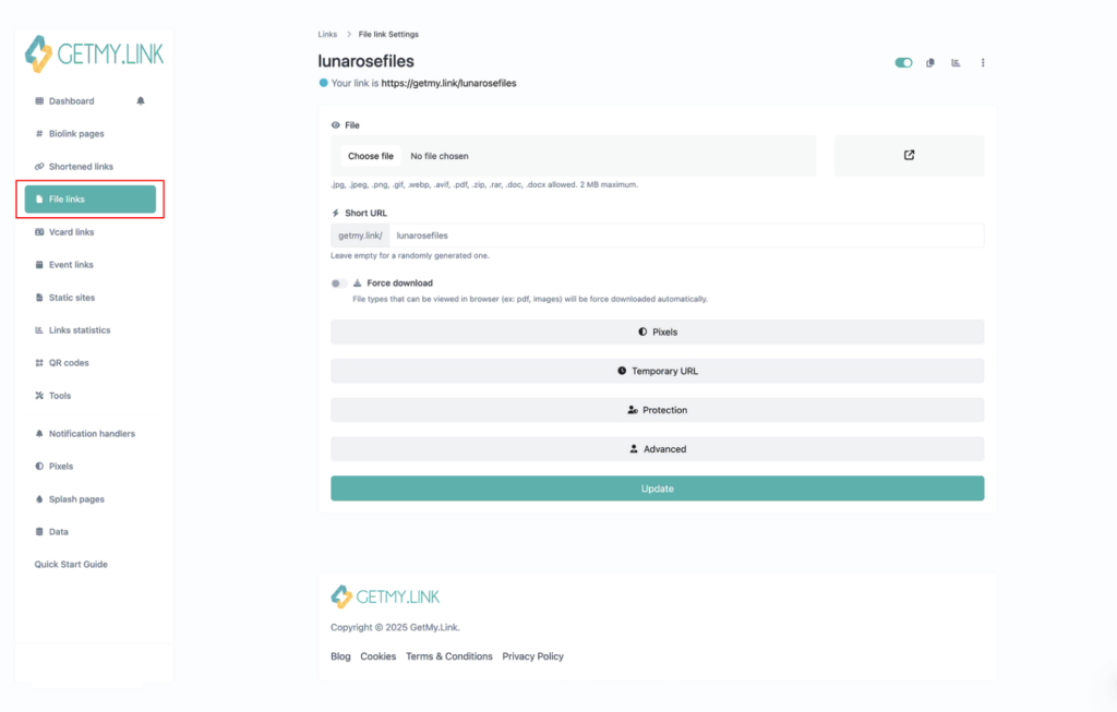 GetMy.Link file link setup screen showing a downloadable file like pricing menu, custom order form, or PDF guide