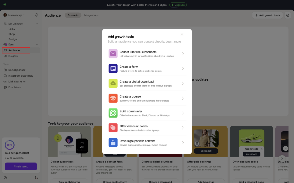 Linktree audience growth tools panel with options for forms, downloads, courses, communities, and sign-up incentives