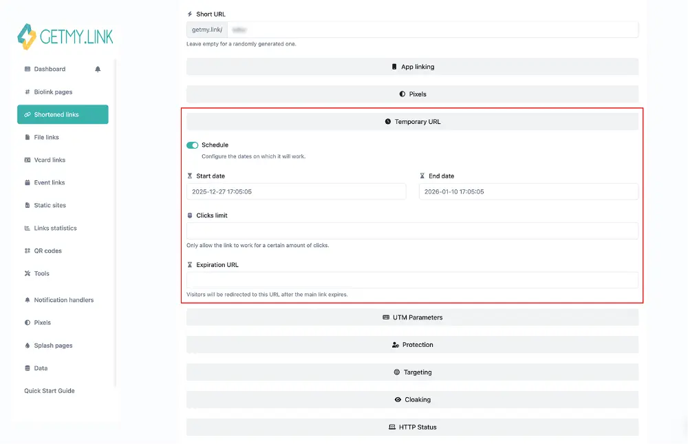 Screenshot of the GetMy.Link Shortened Link settings panel, showing the Schedule toggle, start and end date, click limit, and expiration URL fields.