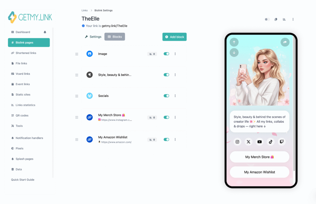 Screenshot of an influencer’s GetMy.Link bio page