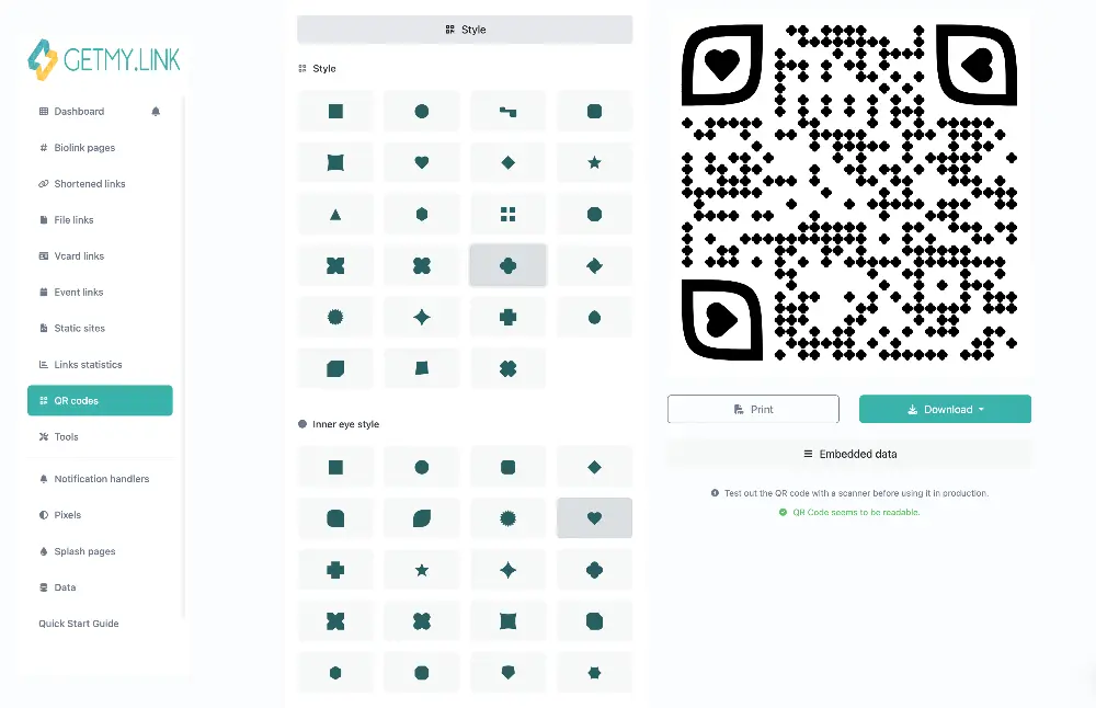 QR code customization panel in GetMy.Link with shape, eye style, and live preview options for stylized QR code design.