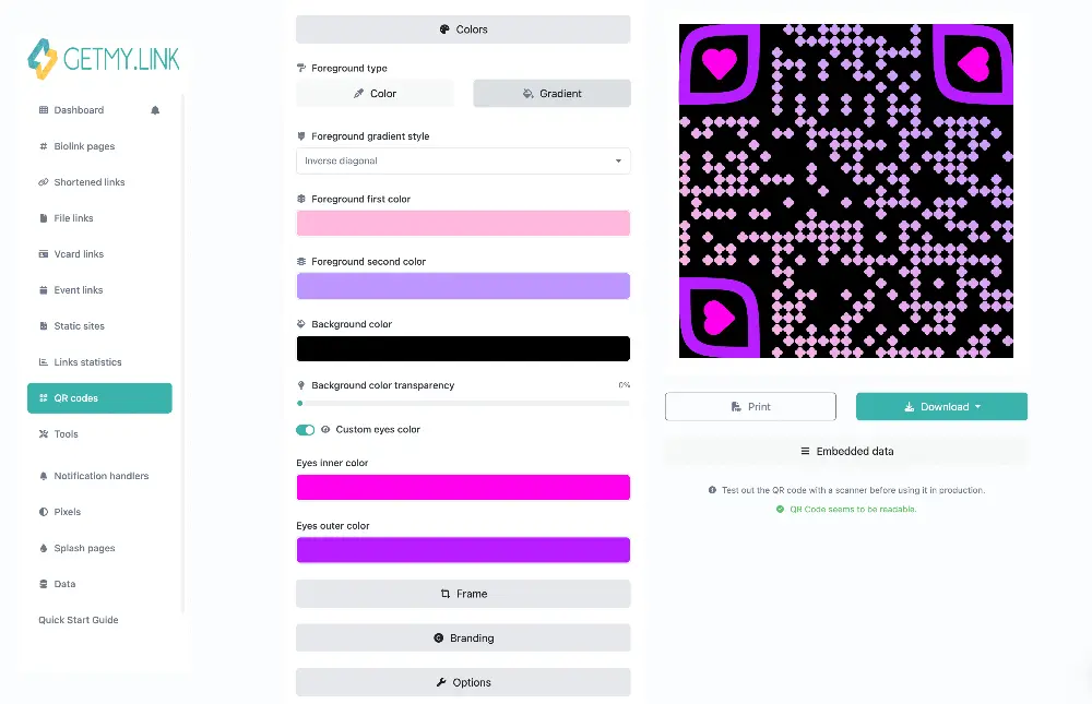 QR code color customization in GetMy.Link showing gradient foreground, black background, and heart-shaped corner styling with live preview.