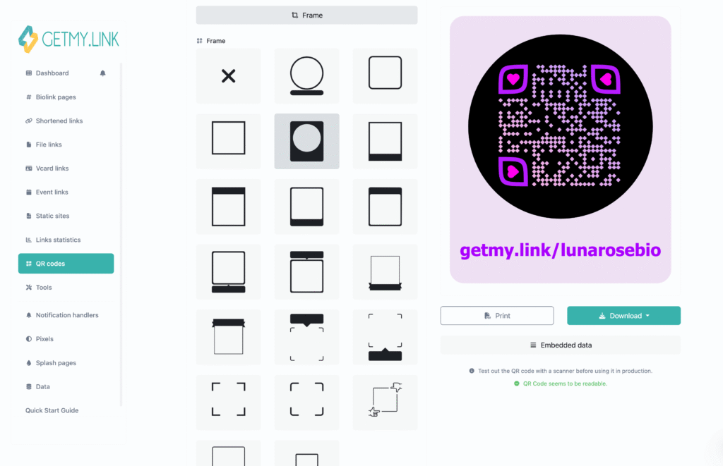 Frame selection interface in GetMy.Link showing QR code with circular frame, CTA text, and custom branding preview.