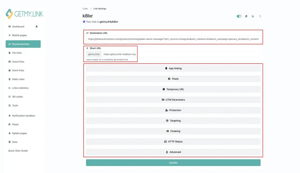 GetMy.Link shortened link settings page showing an affiliate product URL, a custom short link, and expandable tracking options like UTM parameters, pixels, targeting, cloaking, and protection.