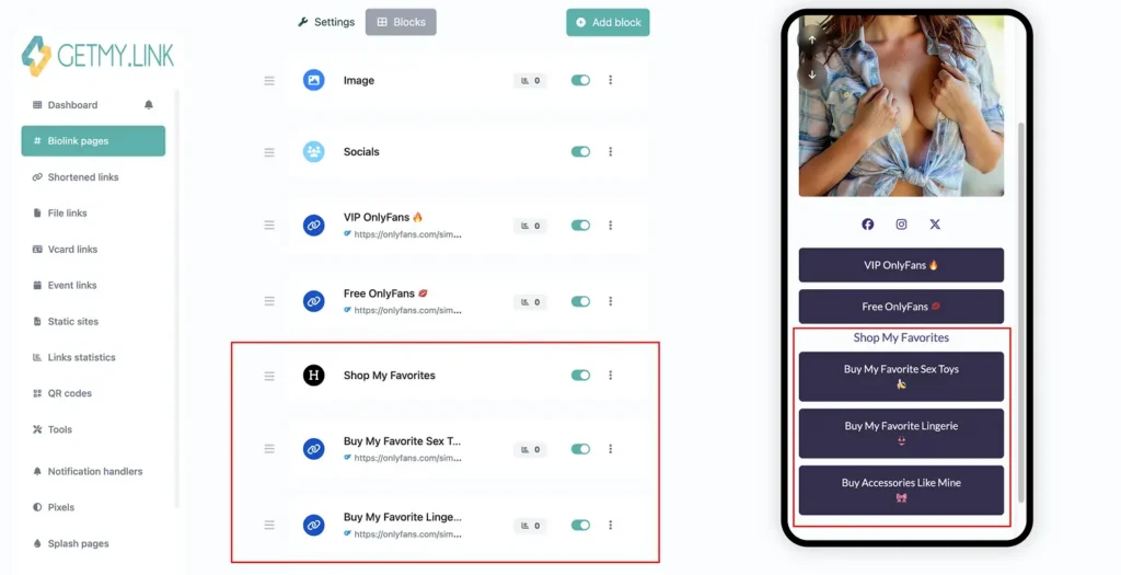 GetMy.Link biolink page editor showing a “Shop My Favorites” section with grouped affiliate buttons for adult products, displayed as separate link blocks with a live mobile preview on the right.