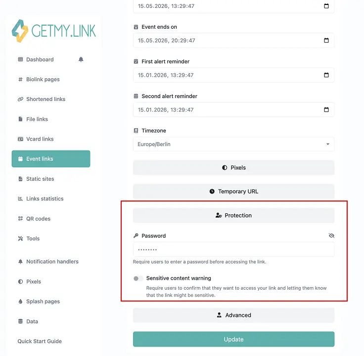 GetMy.Link event link protection settings showing password access and sensitive content warning options.