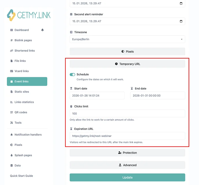 Temporary URL Settings for Link Expiration on GetMy.Link
