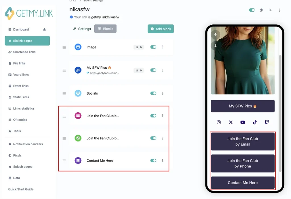 Screenshot of GetMy.Link Biolink page editor showing fan contact buttons (email, phone, and contact form)
