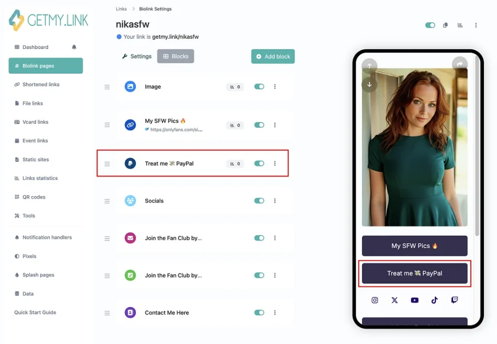 GetMy.Link Biolink editor showing a PayPal tip button for creator donations