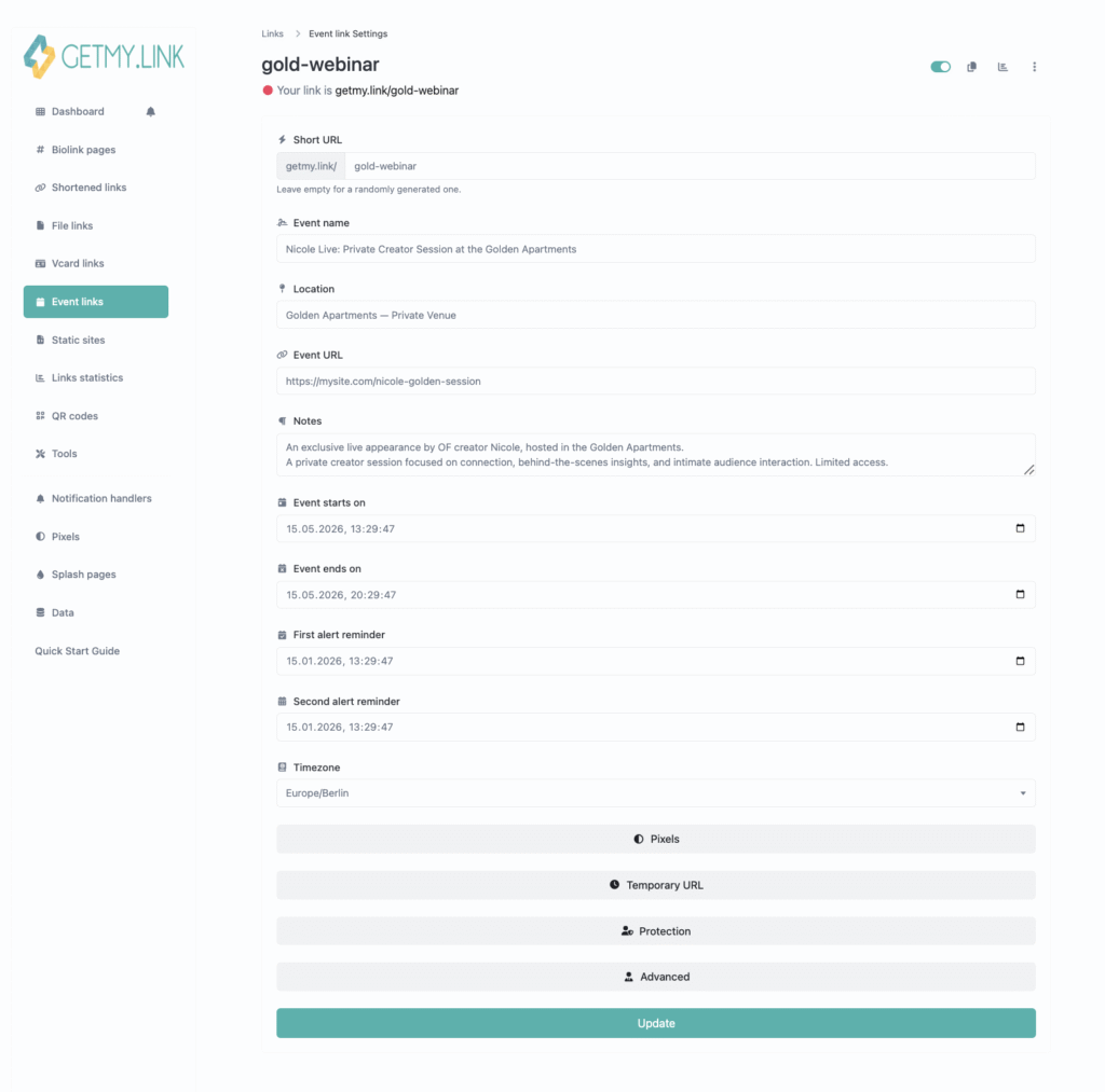GetMy.Link event link creation screen with a creator event fully set up.
