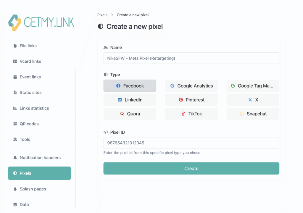 Screenshot of the GetMy.Link Pixels dashboard showing the “Create a new pixel” setup