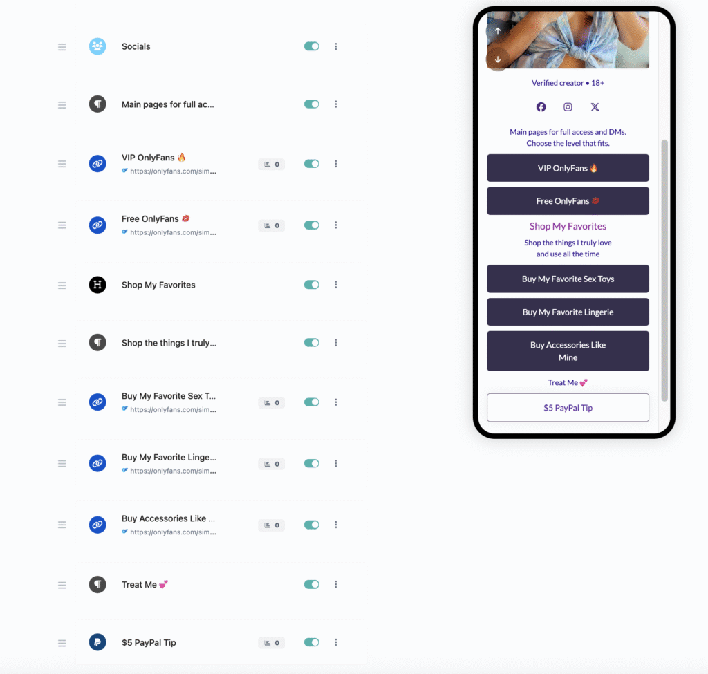 GetMy.Link biolink page with structured sections on the left and an editable block editor panel on the right