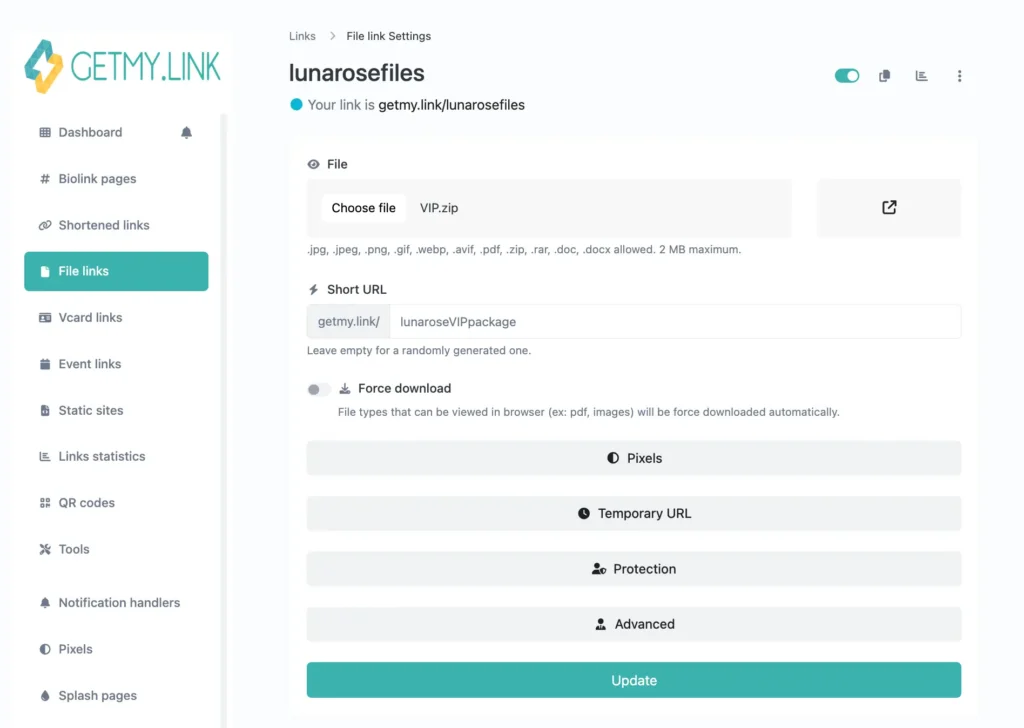 File link creation screen in GetMy.Link showing a ZIP file upload, custom short URL, and advanced options like analytics pixels, temporary URL, password protection, and sensitive content splash page.