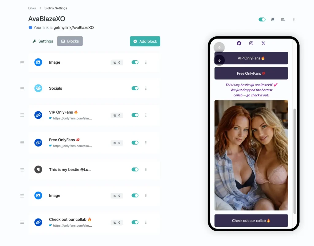 Mobile preview of a GetMy.Link bio page showing two OnlyFans creators in a collab block, with a shoutout text, photo, and “Check out our collab” button linking to joint content.