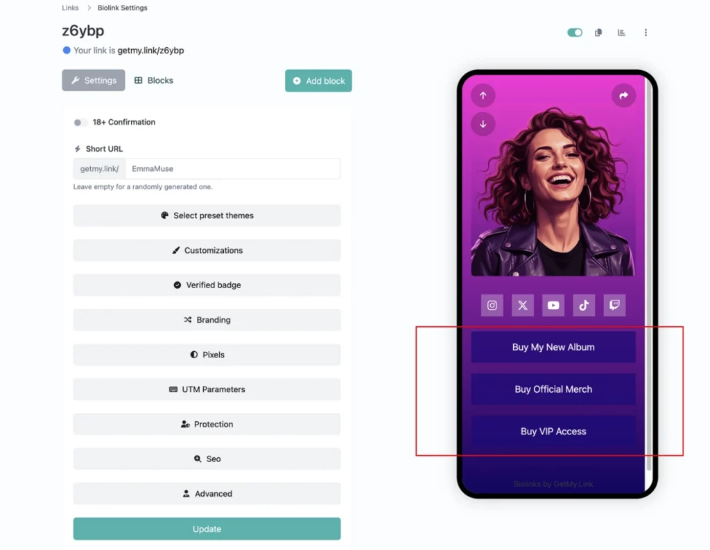 GetMy.Link dashboard screenshot showing multiple digital product buttons organized in a clean biolink layout interface