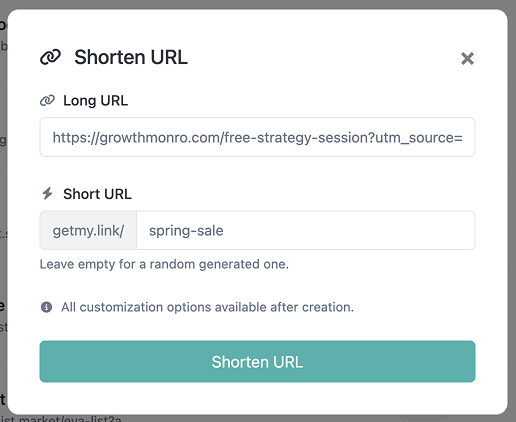 GetMy.Link Shorten URL popup showing creation of a custom short link for a spring sale campaign to simplify analytics tracking and monitor traffic performance.