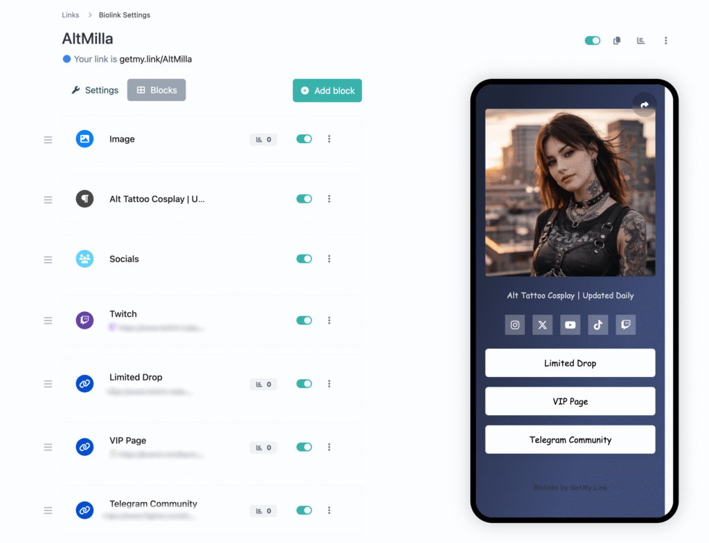 GetMy.Link dashboard screenshot showing a structured biolink page with niche positioning header, social icons, and organized buttons for Limited Drop, VIP Page, and Telegram Community