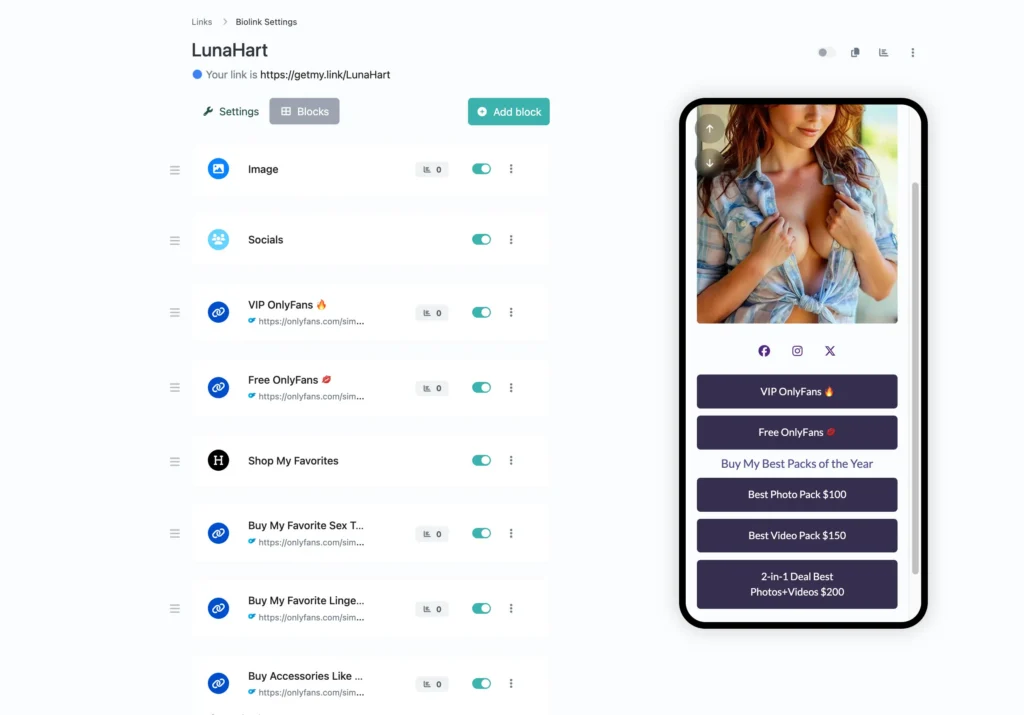GetMy.Link page showing an OnlyFans creator selling digital products with structured sections, product offers, and purchase buttons.