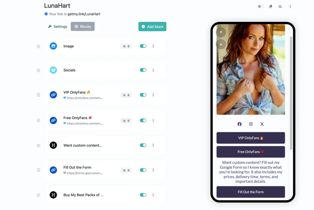 A screenshot of a GetMy.Link biolink page inviting fans to request custom content through a Google Form, with a short description explaining that the form includes prices, turnaround time, terms, and other important details, plus a button linking to the form.