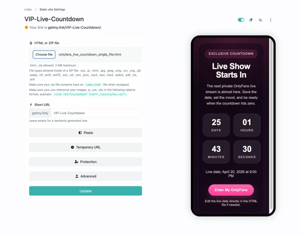 Static HTML countdown page for an upcoming OnlyFans live stream with a large timer, bold headline, and call-to-action button.