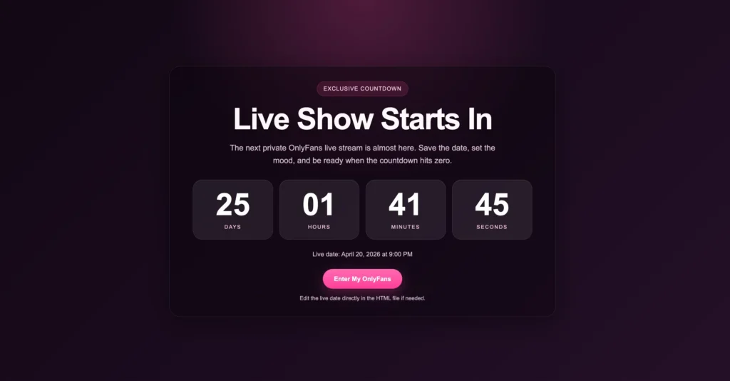 Desktop version of a static HTML countdown page for an upcoming OnlyFans live stream with a large timer, bold headline, and call-to-action button.