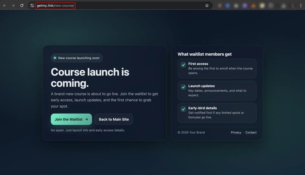 Desktop version of a GetMy.Link static page promoting a new course launch and inviting users to join the waitlist