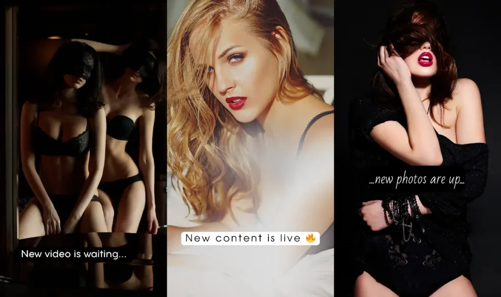Examples of Instagram Stories with short phrases like “New video is waiting…,” “New content is live,” and “new photos are up” used to promote new exclusive content